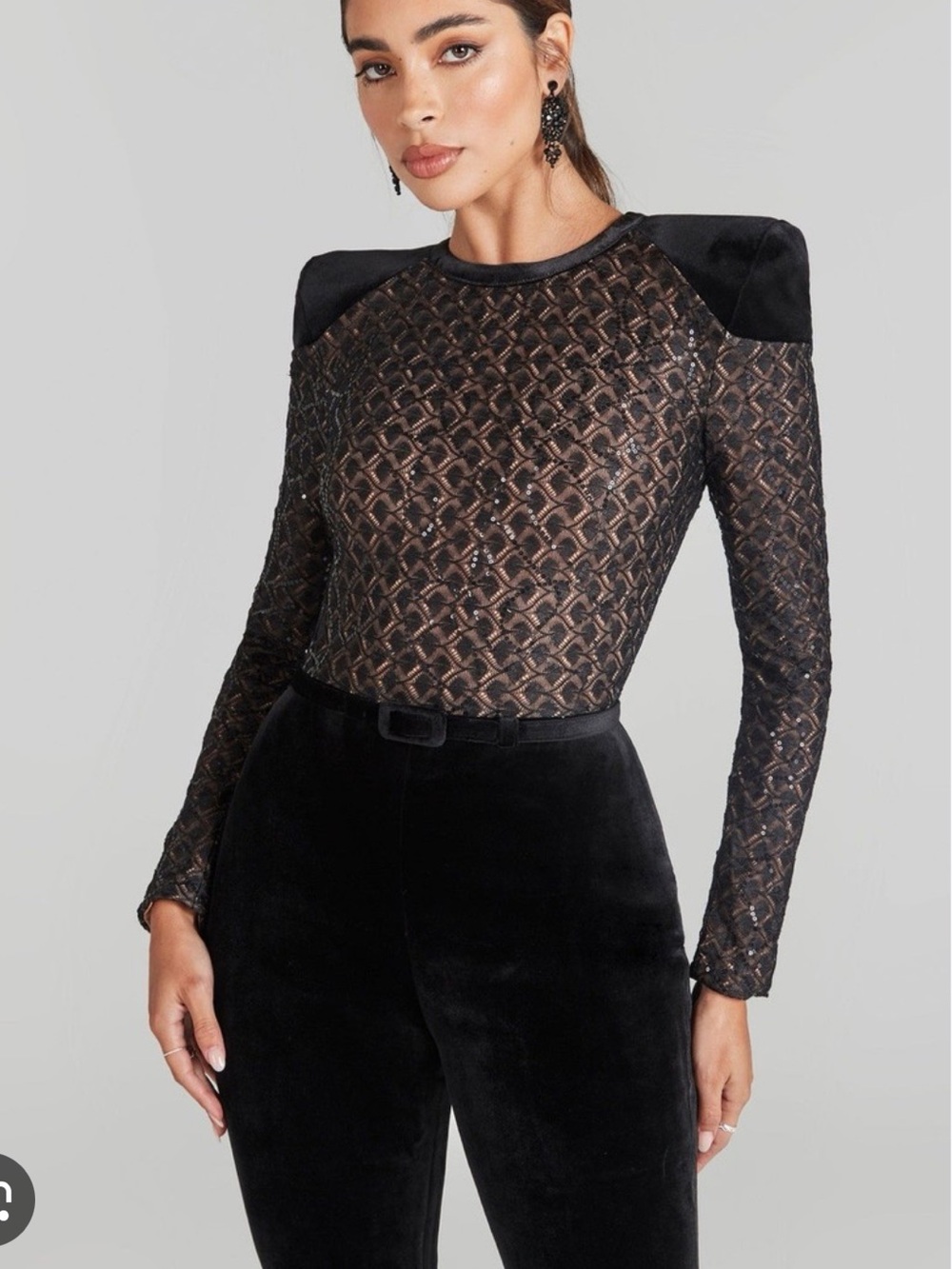 Nwto - Unworn NADINE MERABI Black Lace & Velvet Long-Sleeve Top